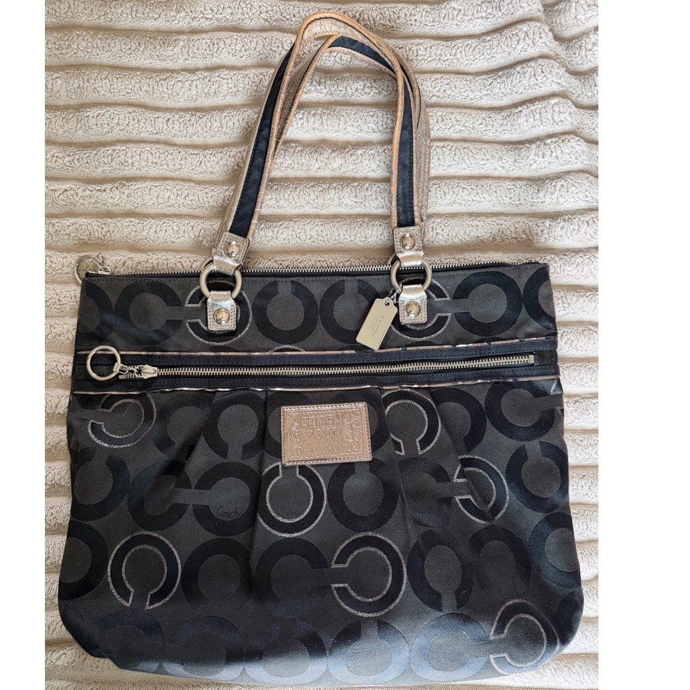 Coach Vintage Y2K Poppy Op Art Glam Tote Black Silver Signature Canvas 15865